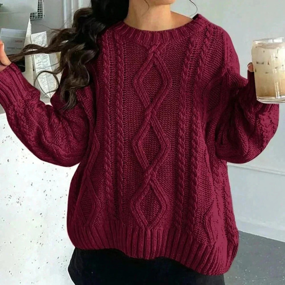 Burgundy Casual Women's Round Neck Cable Knit Long Sleeve Sweater - Picture 5 of 6